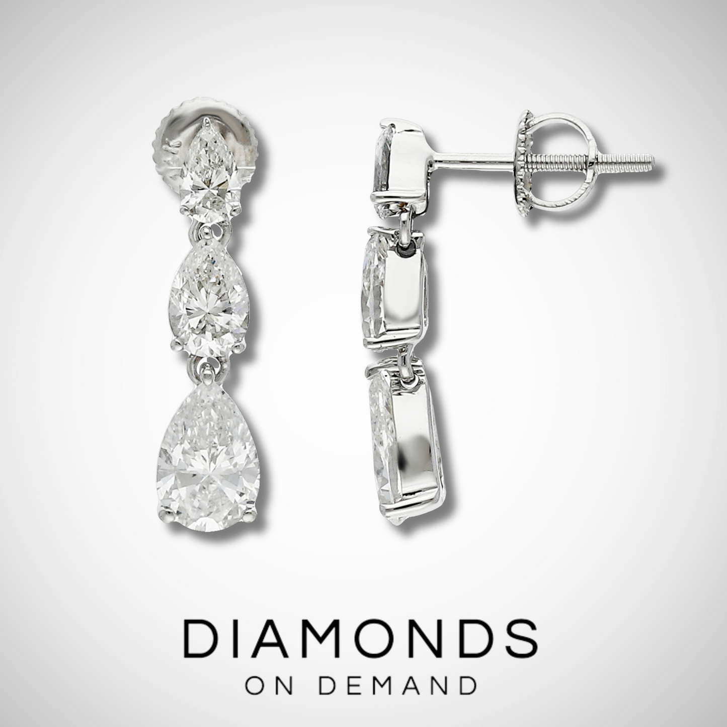 3 Stone Pear Cut Diamond Dangle Earrings - White Gold