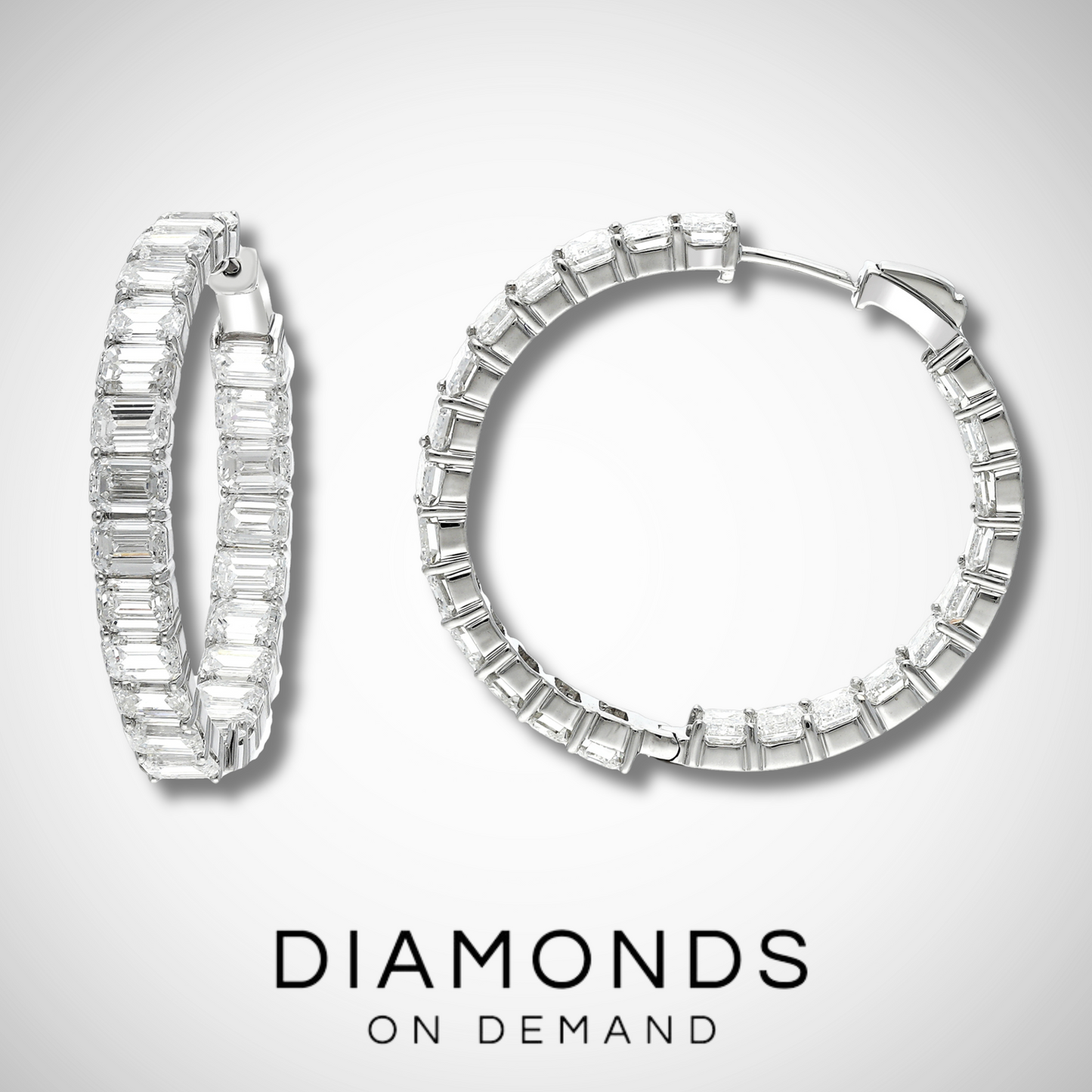 Large Inside Out Emerald Cut Diamond Hoop Earrings - White Gold
